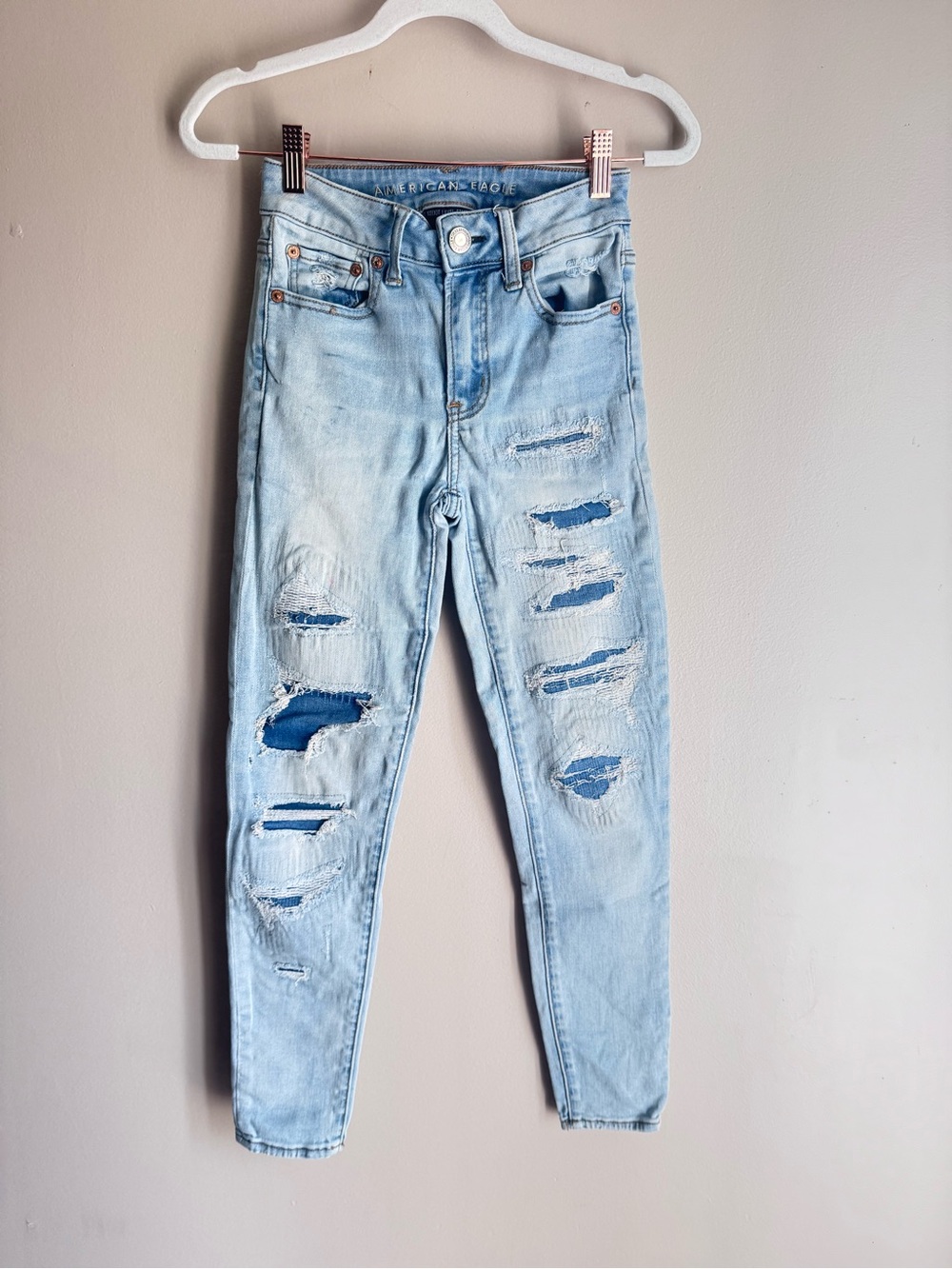 American Eagle 360 Next Level Stretch Super High Rise Jeans Patch Jegging 0